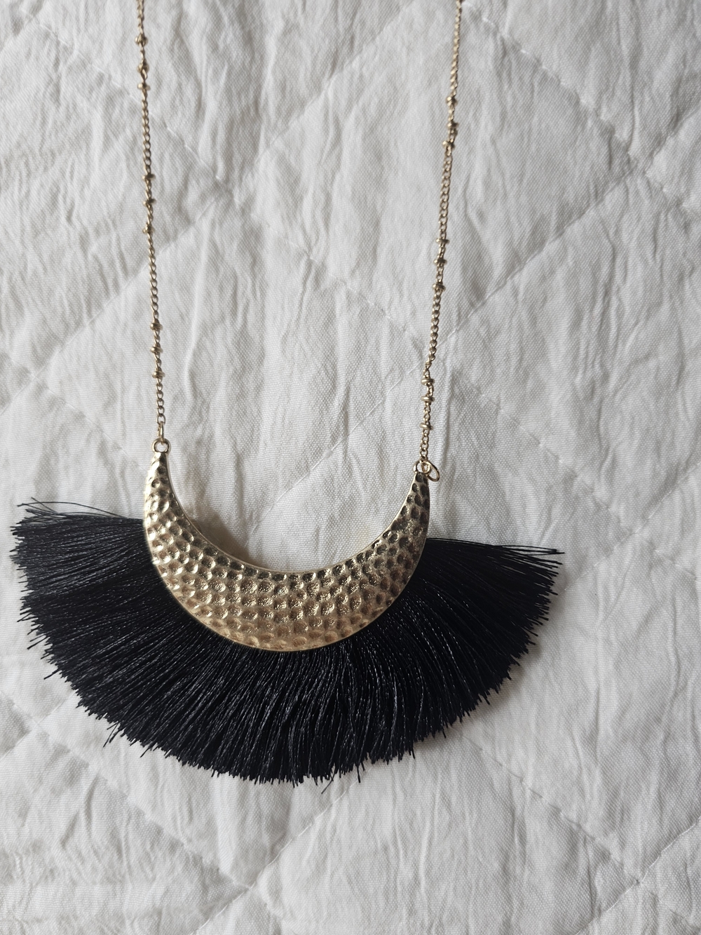 Jane Marie Gold Hammered Crescent Necklace with Black Fringe